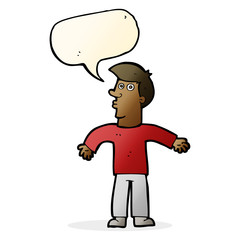 cartoon man shrugging shoulders with speech bubble