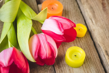 tulips on a wooden background