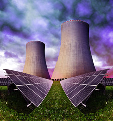 Solar energy panels with nuclear power plant against storm clouds