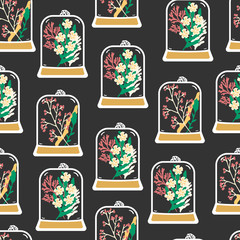 Seamless pattern with hand drawn floral terrariums. Plant pendant with dried flowers, moss and berries. Colorful vector illustration