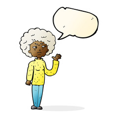 cartoon annoyed old woman waving with speech bubble