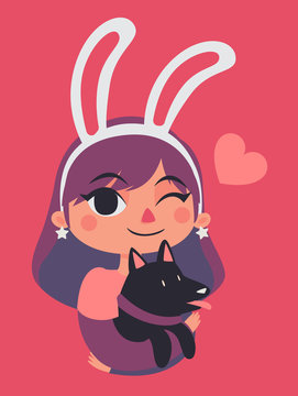 Cute Bunny Girl Winking and Holding a Dog