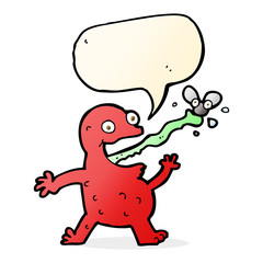 cartoon frog catching fly with speech bubble