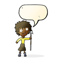 cartoon crazy woman with spear with speech bubble