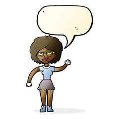 cartoon waving woman wearing spectacles with speech bubble