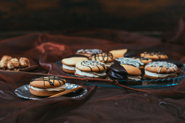 Sandwich cake on the rustic table. 