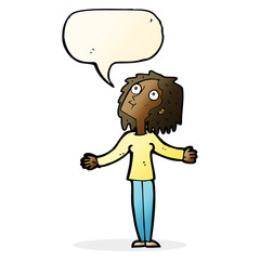 cartoon curious woman looking upwards with speech bubble