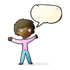 cartoon woman waving arms with speech bubble