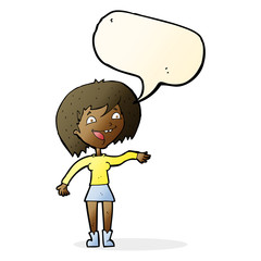 cartoon waving woman with speech bubble