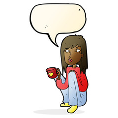 cartoon woman sitting with cup of coffee with speech bubble