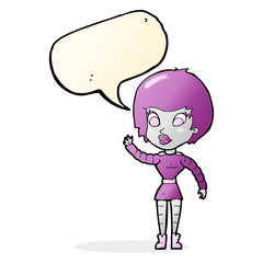 cartoon robot woman waving with speech bubble