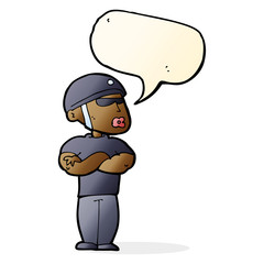 cartoon security guard with speech bubble