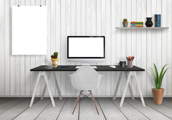 Computer on desk and isolated poster mockup in modern office interior. Shelf, plants, chair, white wooden wall and floor.