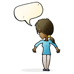 cartoon woman shrugging shoulders with speech bubble