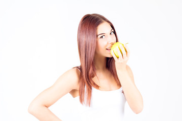 Happy smilling woman bites apple. Healthy lifestyle.