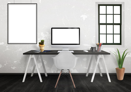 Modern office interior with computer on desk and isolated poster mockup. Window, plants, chair, white wall and black floor.