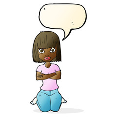 cartoon woman kneeling with speech bubble