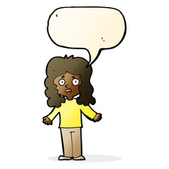 cartoon worried woman with speech bubble