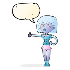 cartoon vampire girl giving thumbs up with speech bubble