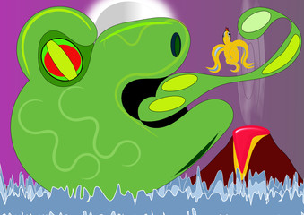 Monstruo reptiliano atrapando con su lengua viscosa a un precioso colibrí de Abril en un paisaje con volcán en plena erupción. © Jon Fennel