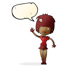 cartoon waving vampire girl with speech bubble