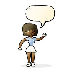 cartoon girl waving with speech bubble