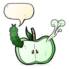 cartoon apple with bug with speech bubble