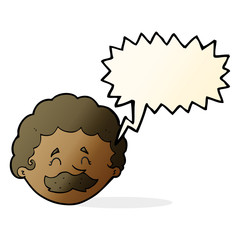 cartoon man with mustache with speech bubble