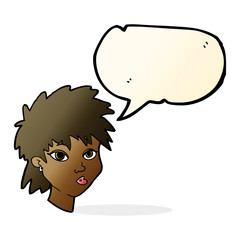 cartoon curious girl with speech bubble