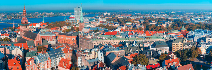 Aerial  scenic panorama of Old Town from Saint Peter church, with Riga Cathedral, Cathedral Basilica of Saint James and Riga castle, Riga, Latvia