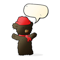 cartoon cute black bear in hat and scarf with speech bubble