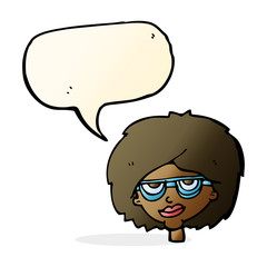 cartoon woman wearing spectacles with speech bubble