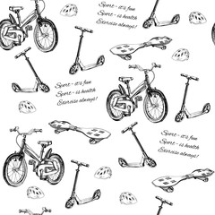 seamless pattern of hand drawn baby bike, scooter, wave board an