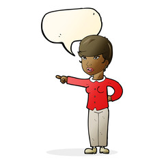 cartoon woman pointing finger of blame with speech bubble