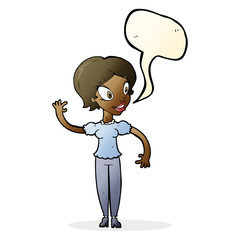 cartoon woman waving with speech bubble