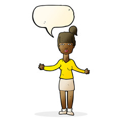 cartoon woman shrugging shoulders with speech bubble