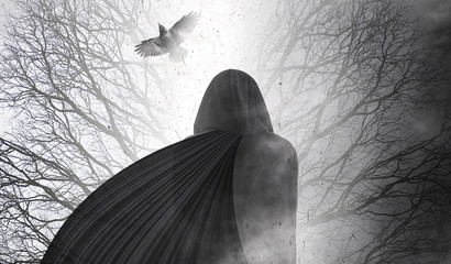 Woman in black going in the foggy forest - gothic style. Vintage photo. - obrazy, fototapety, plakaty