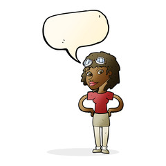cartoon retro pilot woman with speech bubble