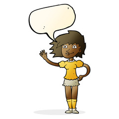 cartoon woman waving with speech bubble