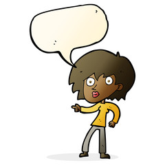 cartoon surprised woman pointing with speech bubble
