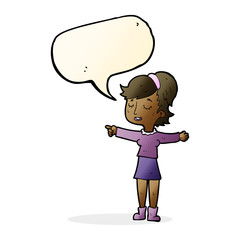 cartoon happy woman pointing with speech bubble