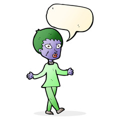 cartoon halloween zombie woman with speech bubble