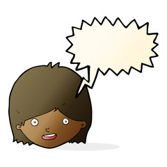 cartoon happy female face with speech bubble