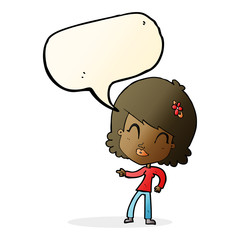 cartoon happy woman pointing with speech bubble