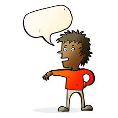 cartoon man making dismissive gesture with speech bubble