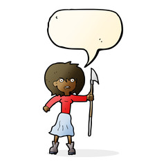 cartoon woman with harpoon with speech bubble