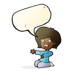 cartoon shocked woman on knees with speech bubble