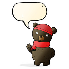 cartoon black bear in winter hat and scarf with speech bubble