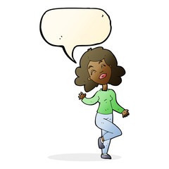 cartoon happy woman dancing with speech bubble