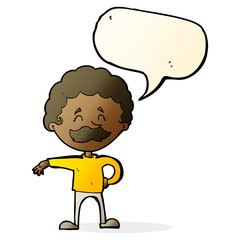 cartoon man making camp gesture with speech bubble